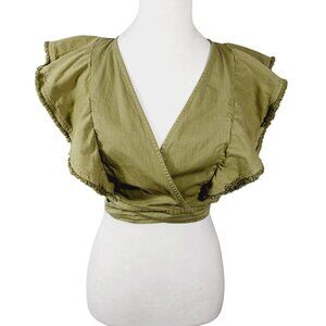 DO + BE, Khaki Green Crop Top Wrap Tie Waist Ruffled Sleeves Cotton, Festival, S